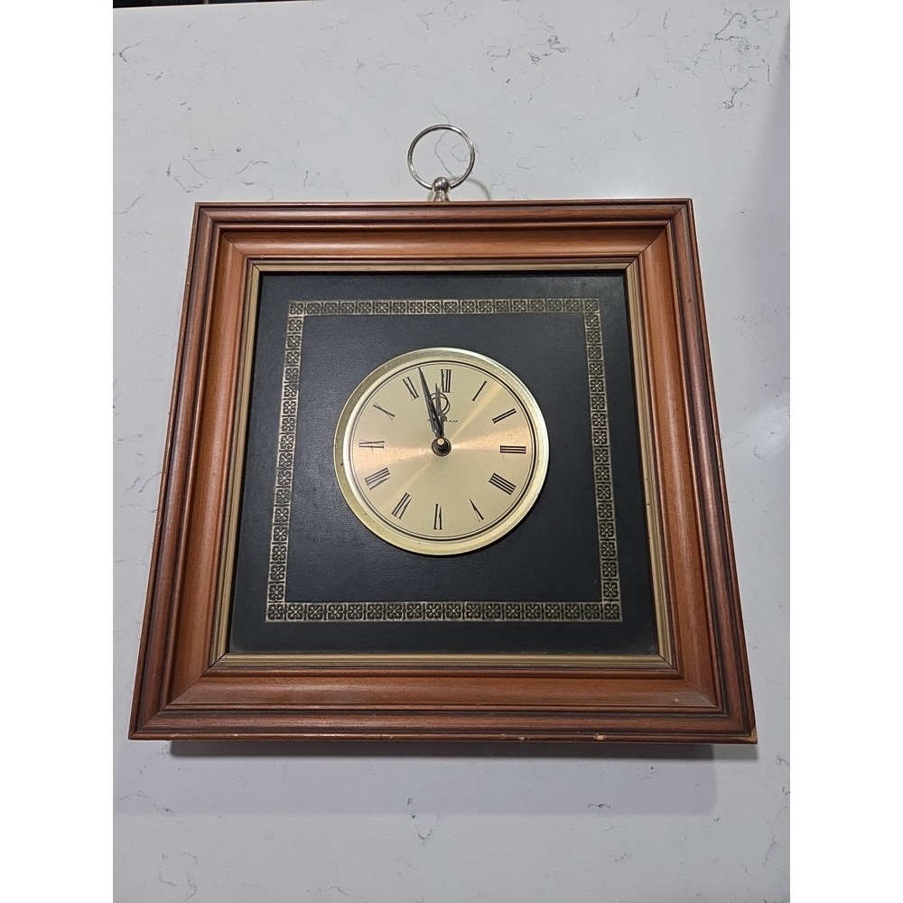 Vintage MCM Gold / Black Waltham Wall Hanging Clock Square Wood Frame
